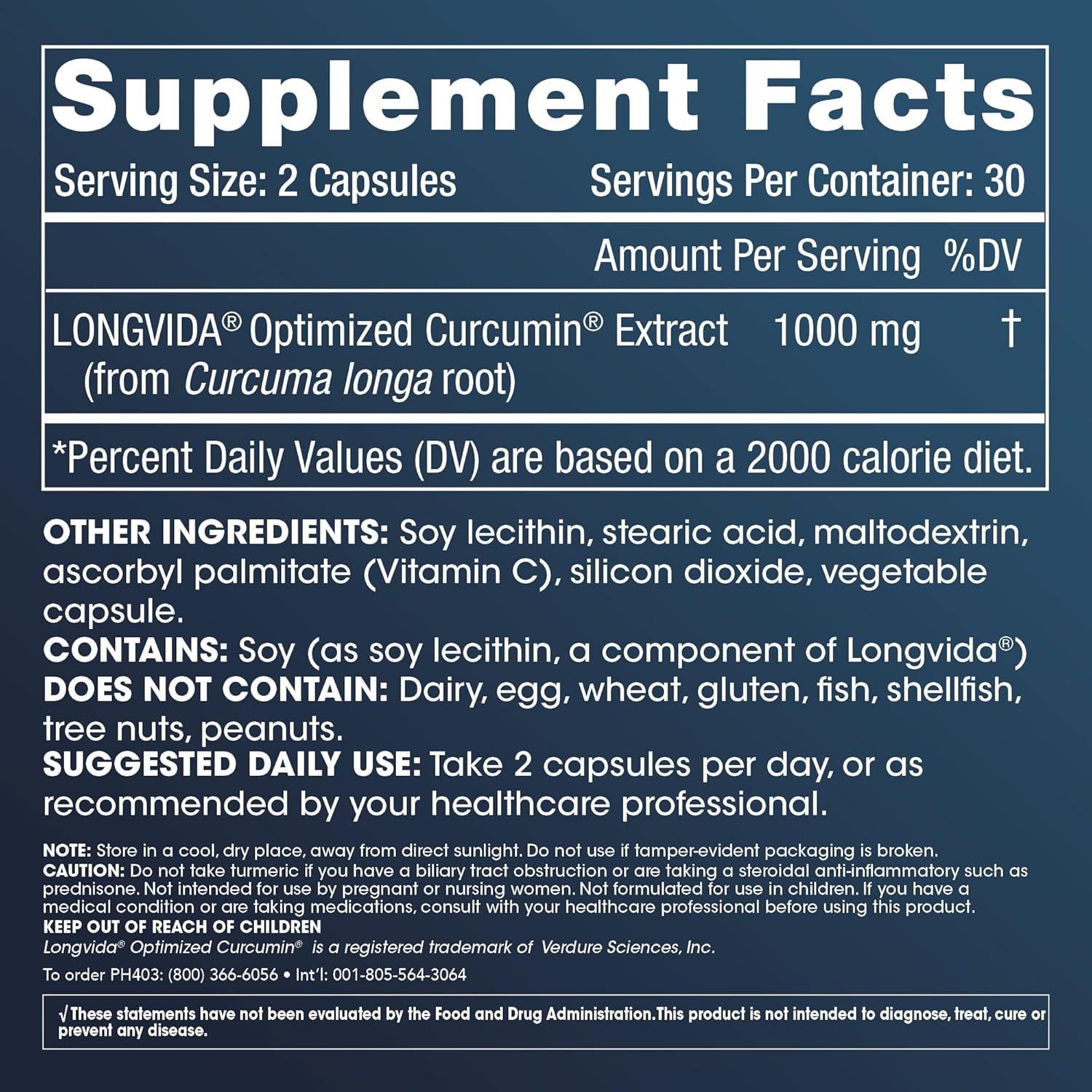 Suplemento de Cúrcuma Curcumina ProHealth 1000 mg 60 Cápsulas