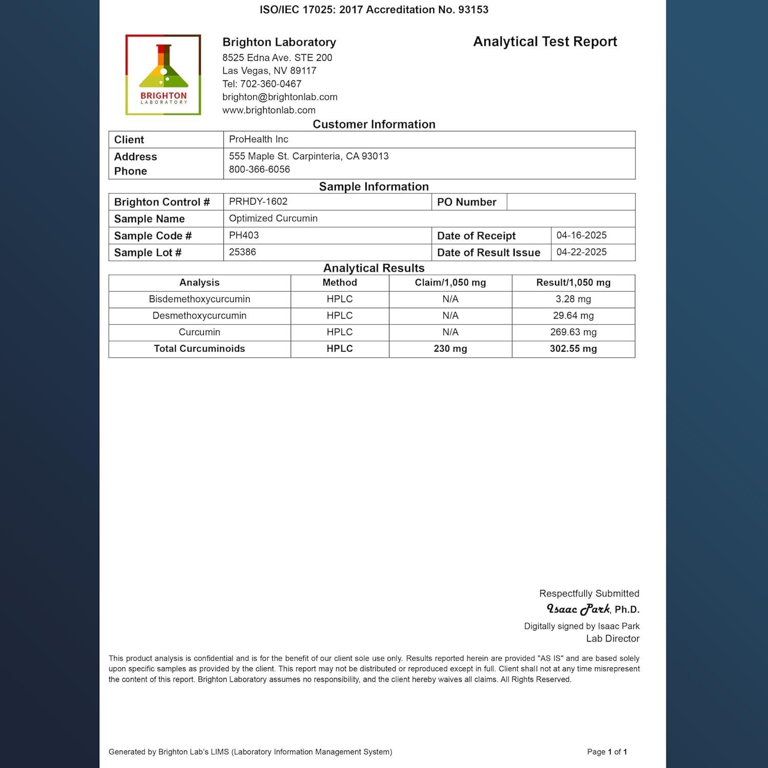 Suplemento de Cúrcuma Curcumina ProHealth 1000 mg 60 Cápsulas