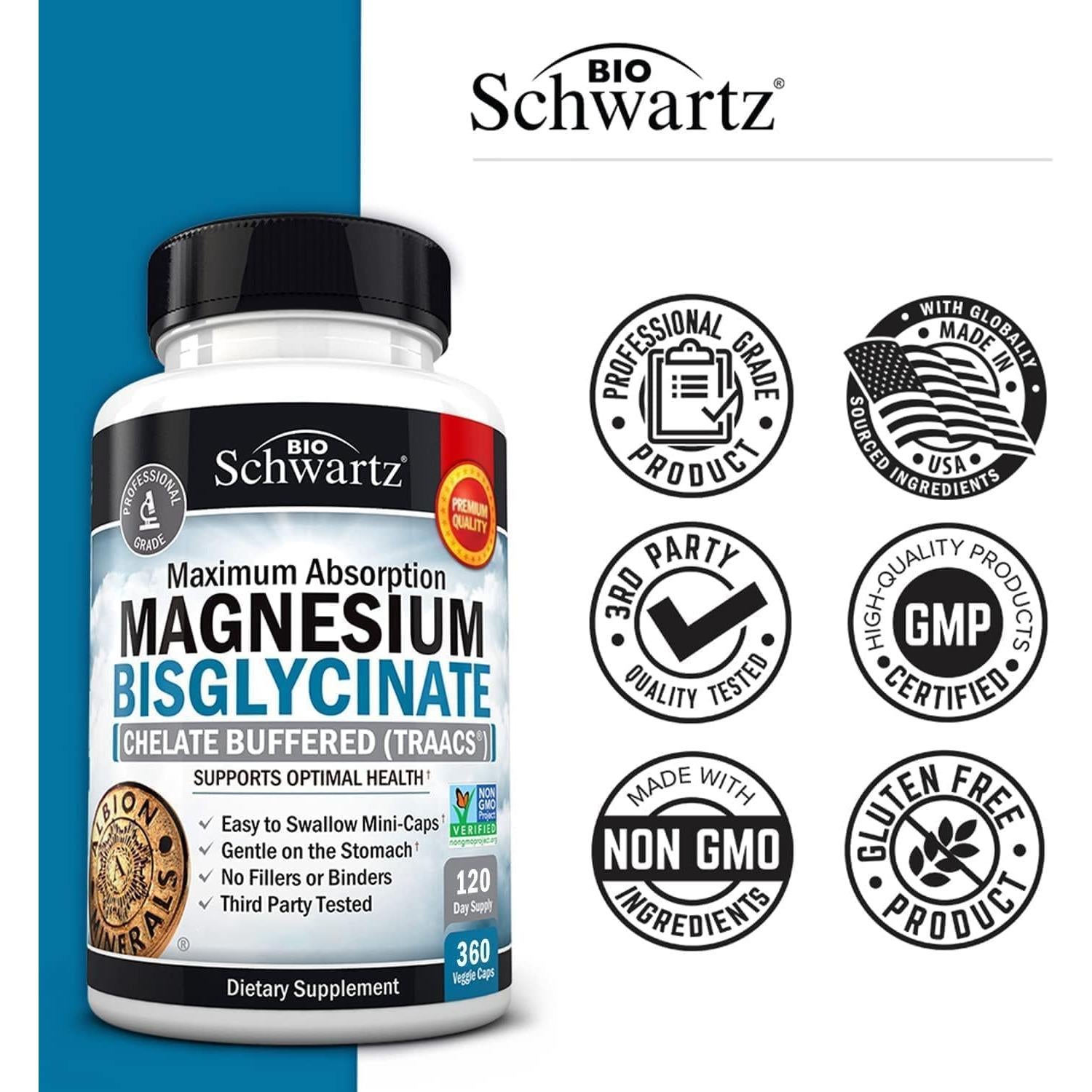 Suplemento de Bisglicinato de Magnesio BioSchwartz 360 Cápsulas