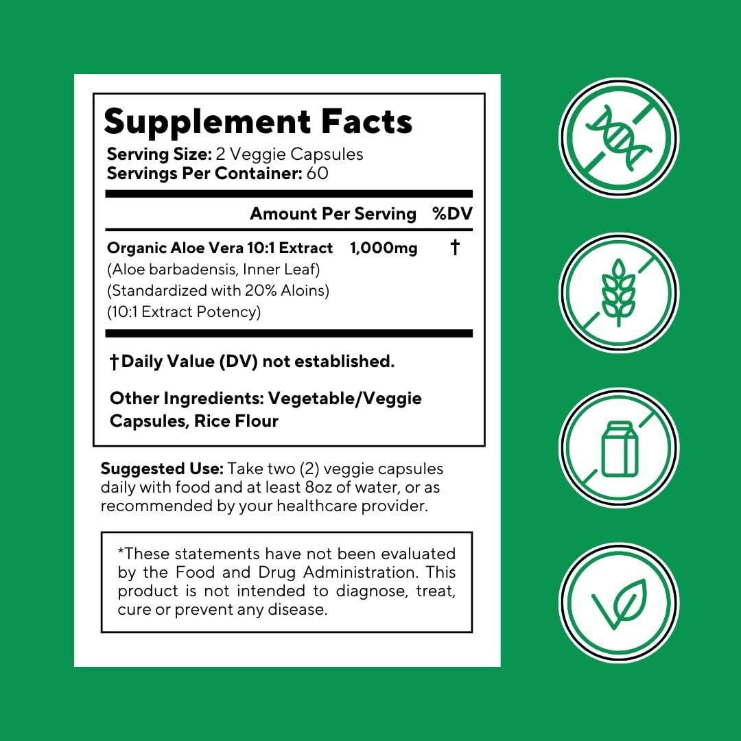 Cápsulas de Aloe Vera Orgánico 20% Aloínas - 120 Unidades