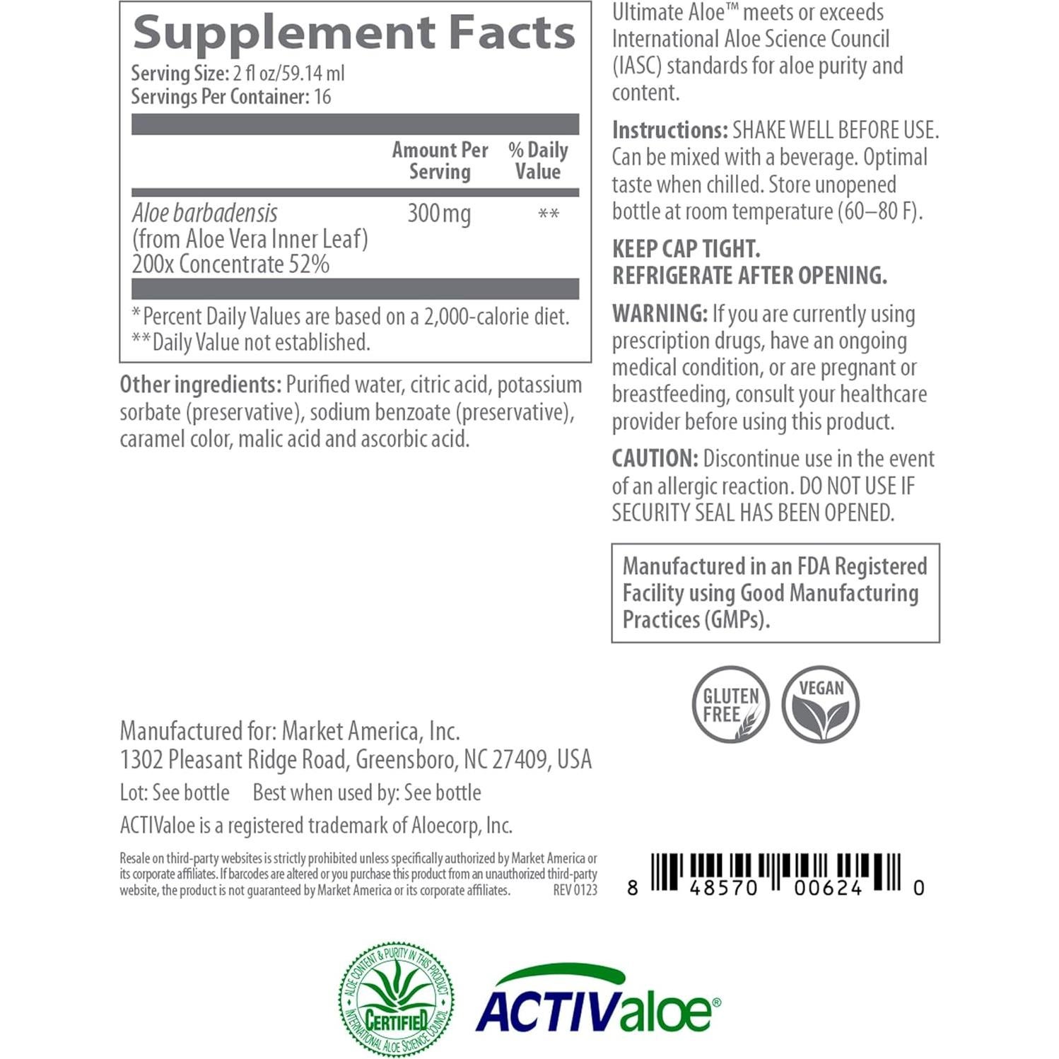 Jugo Puro de Aloe Vera Market America - Sabor Arándano 16 Porciones