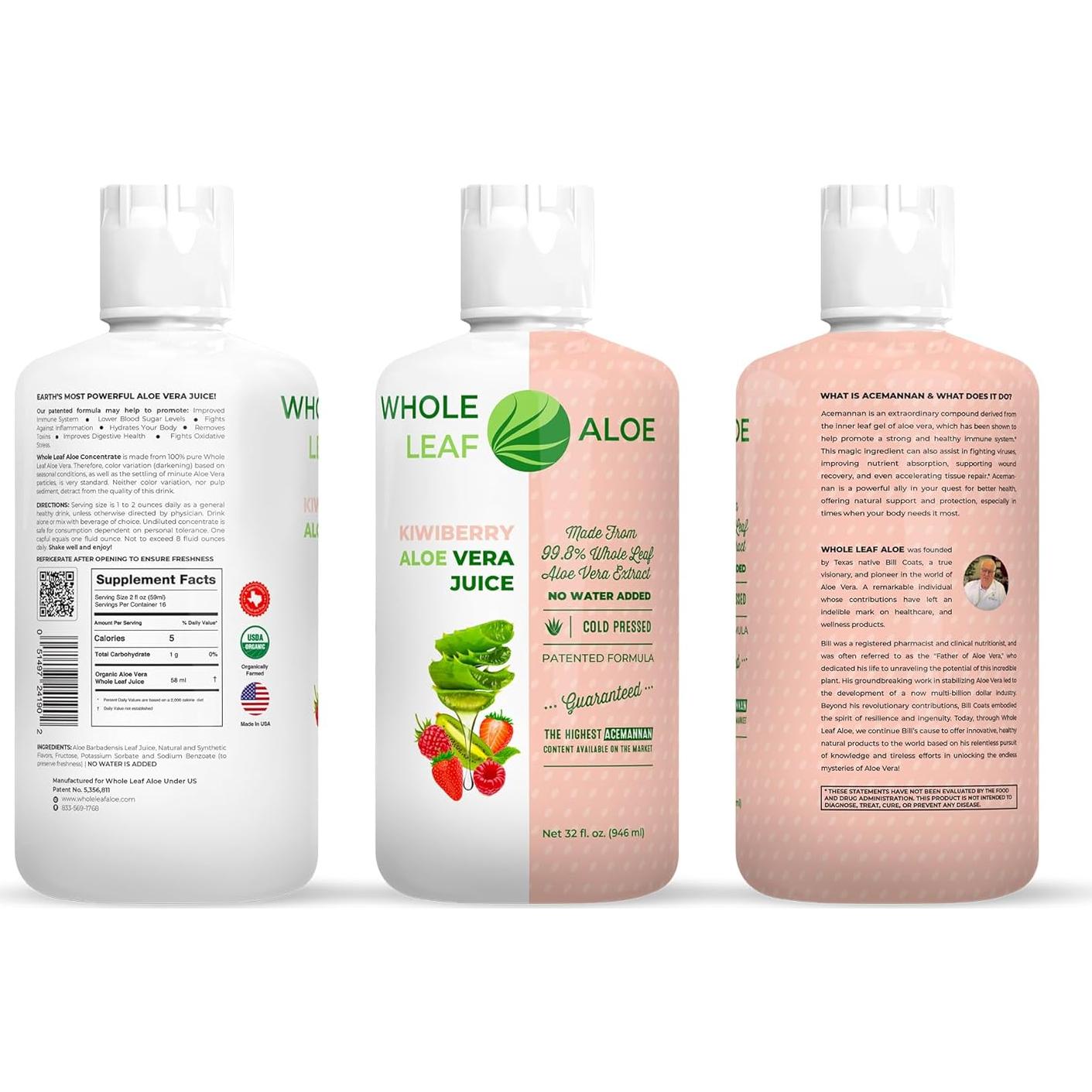 Jugo de Aloe Vera Orgánico Whole Leaf 946 ml - Sabor Kiwiberry