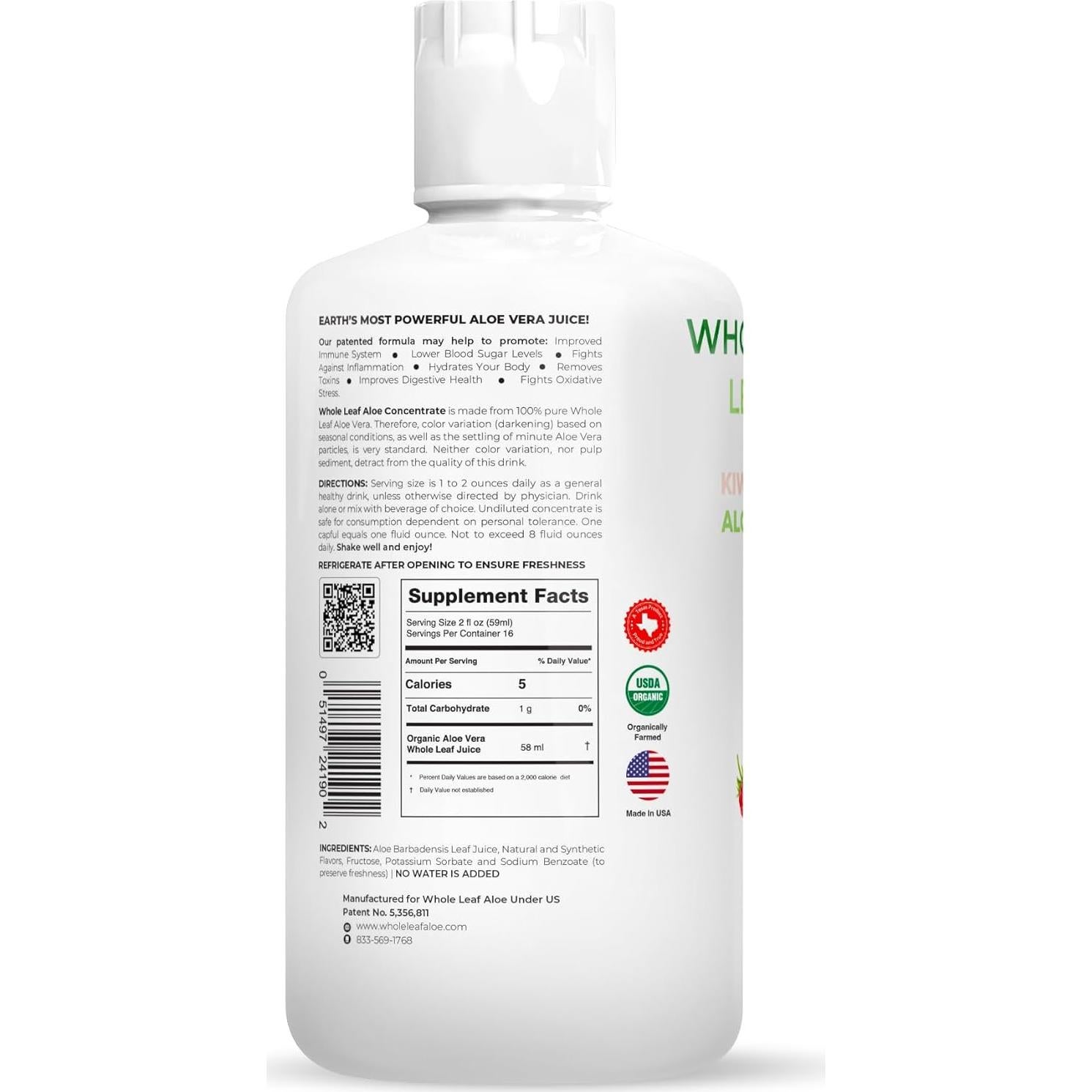 Jugo de Aloe Vera Orgánico Whole Leaf 946 ml - Sabor Kiwiberry