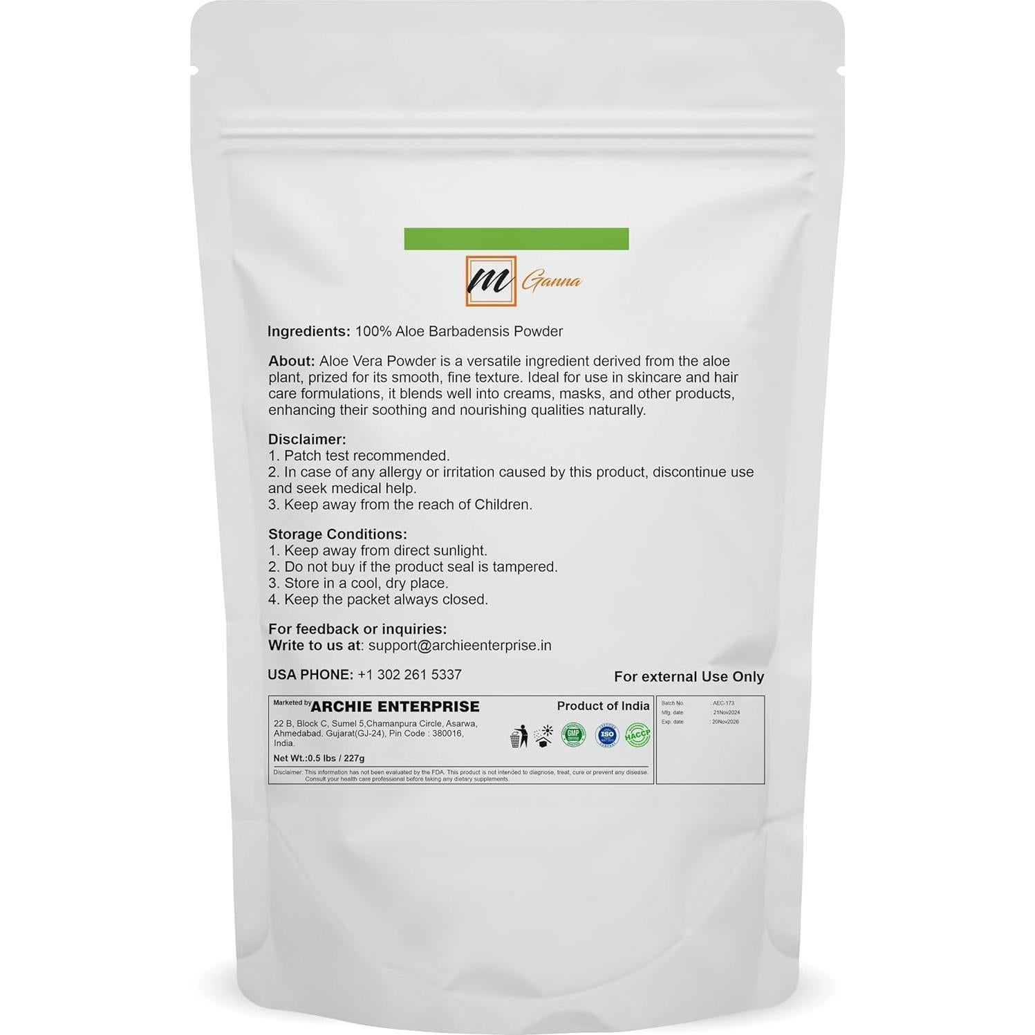 Polvo de Hoja de Aloe Vera 100% Natural mGanna 227g