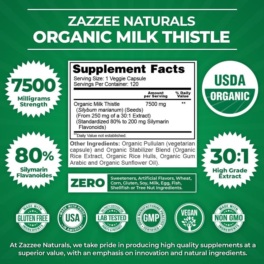 Zazzee Leche de Cardo Orgánico 7500 mg 120 Cápsulas Veganas
