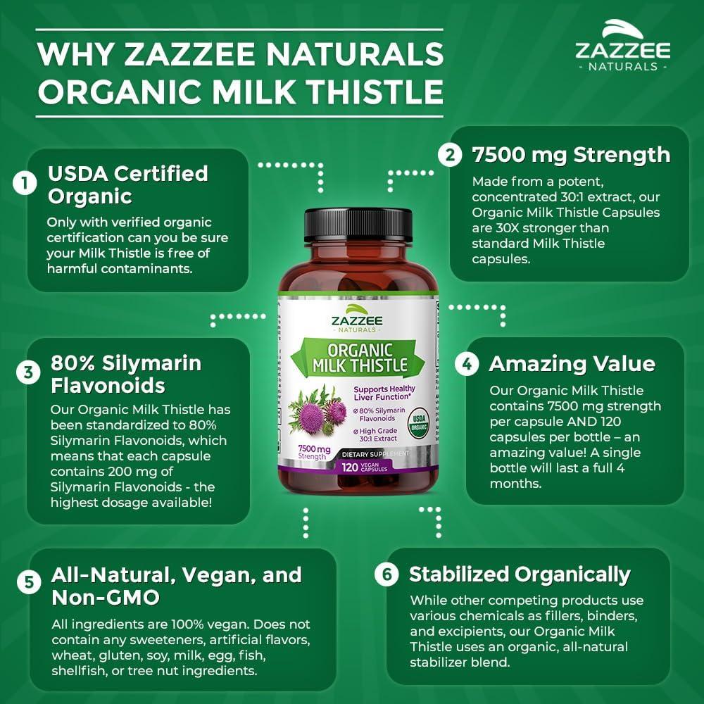Zazzee Leche de Cardo Orgánico 7500 mg 120 Cápsulas Veganas