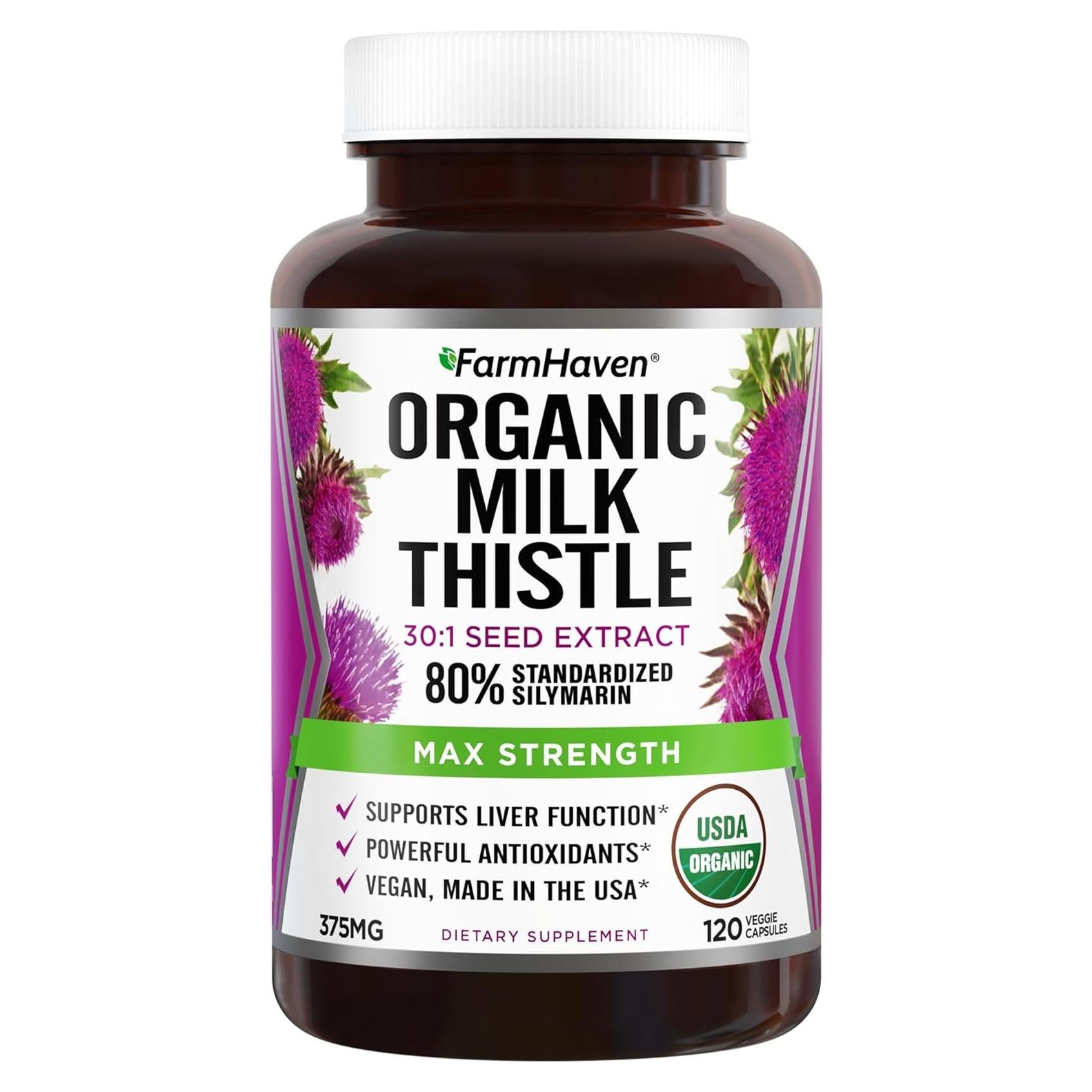 Cápsulas de Cardo Mariano Orgánico FarmHaven 120 Unidades 80% Silymarina