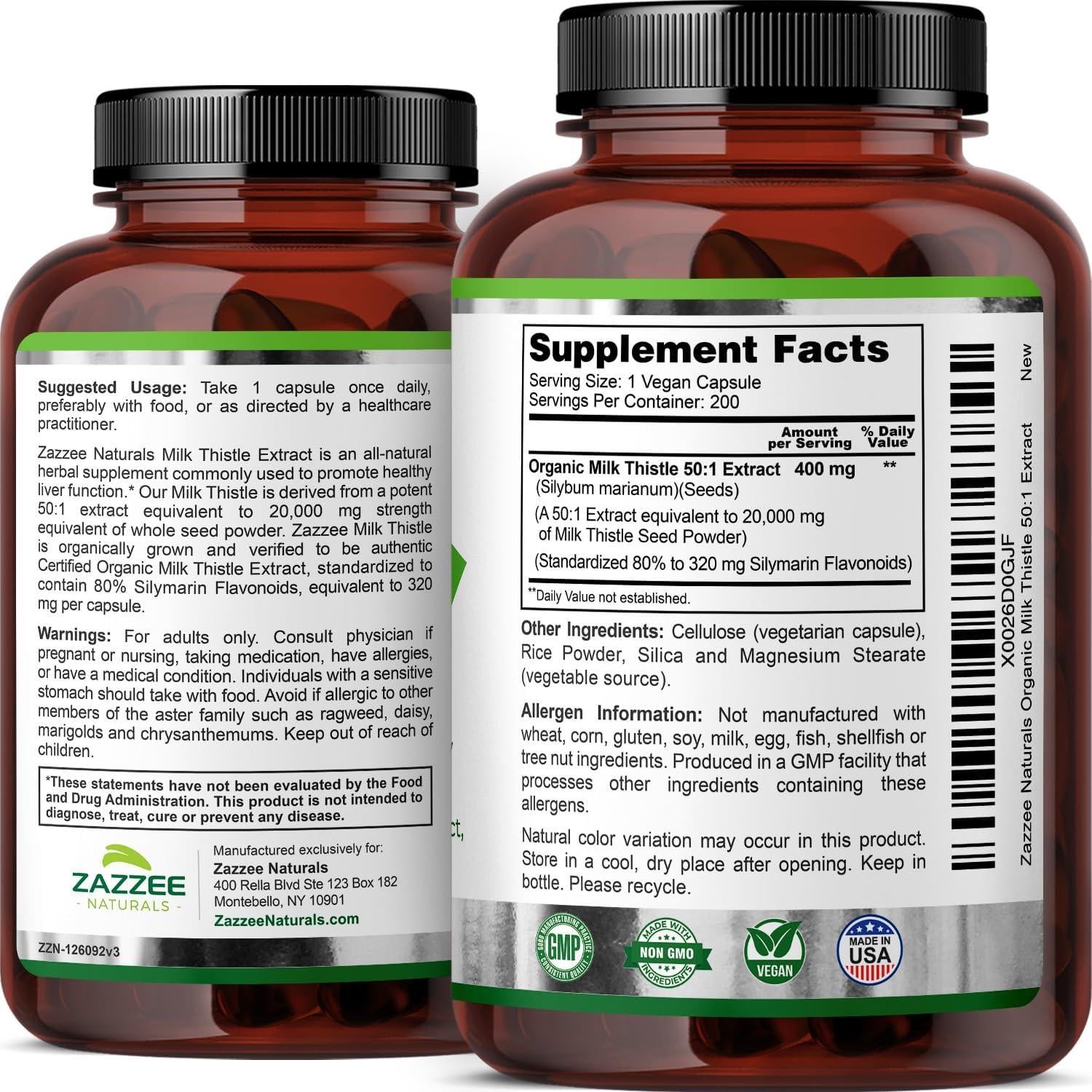 Zazzee Extracto de Cardo Mariano Orgánico 50:1 200 Cápsulas 20,000 mg