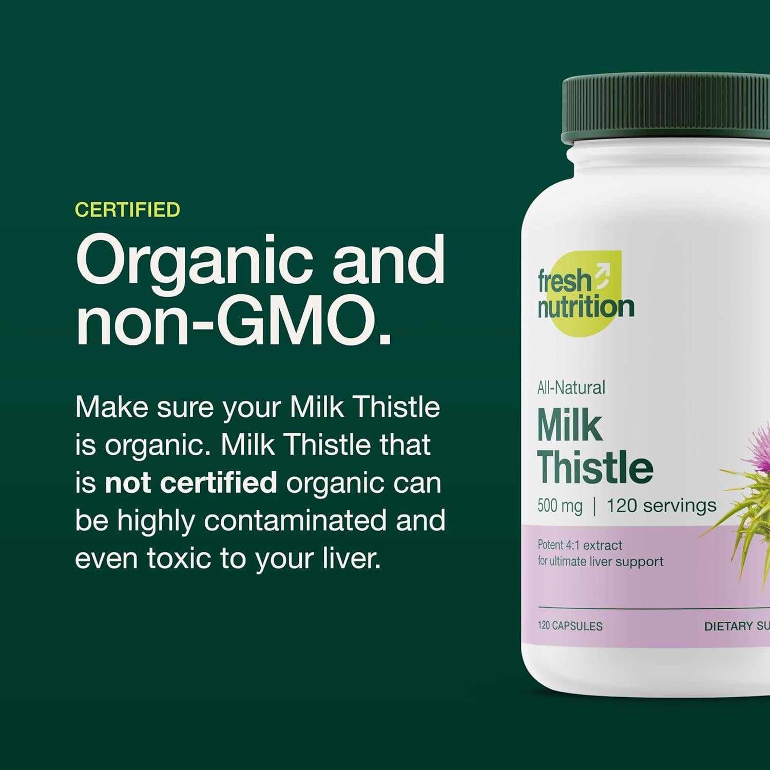 Suplemento Orgánico de Cardo Mariano Fresh Nutrition 500mg - 120 Cápsulas