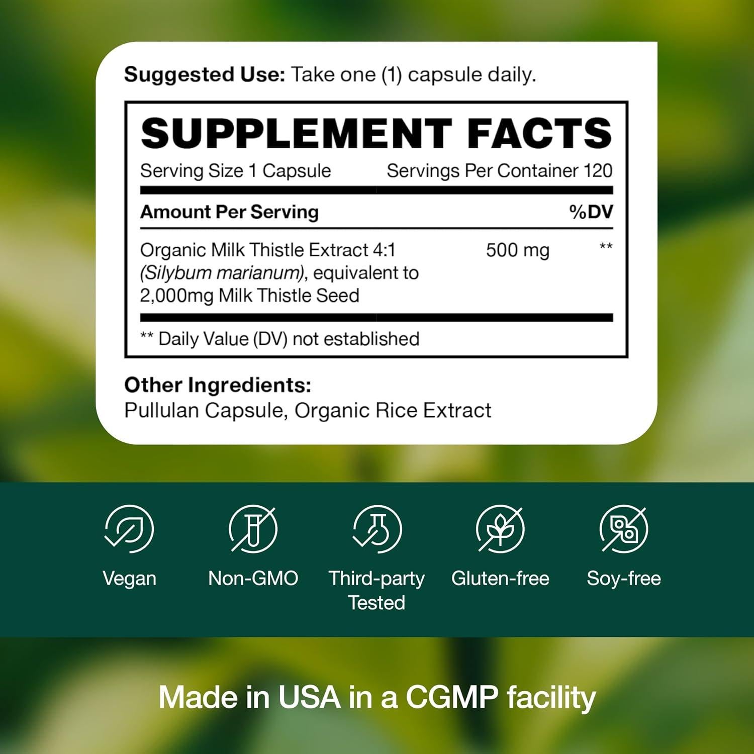 Suplemento Orgánico de Cardo Mariano Fresh Nutrition 500mg - 120 Cápsulas