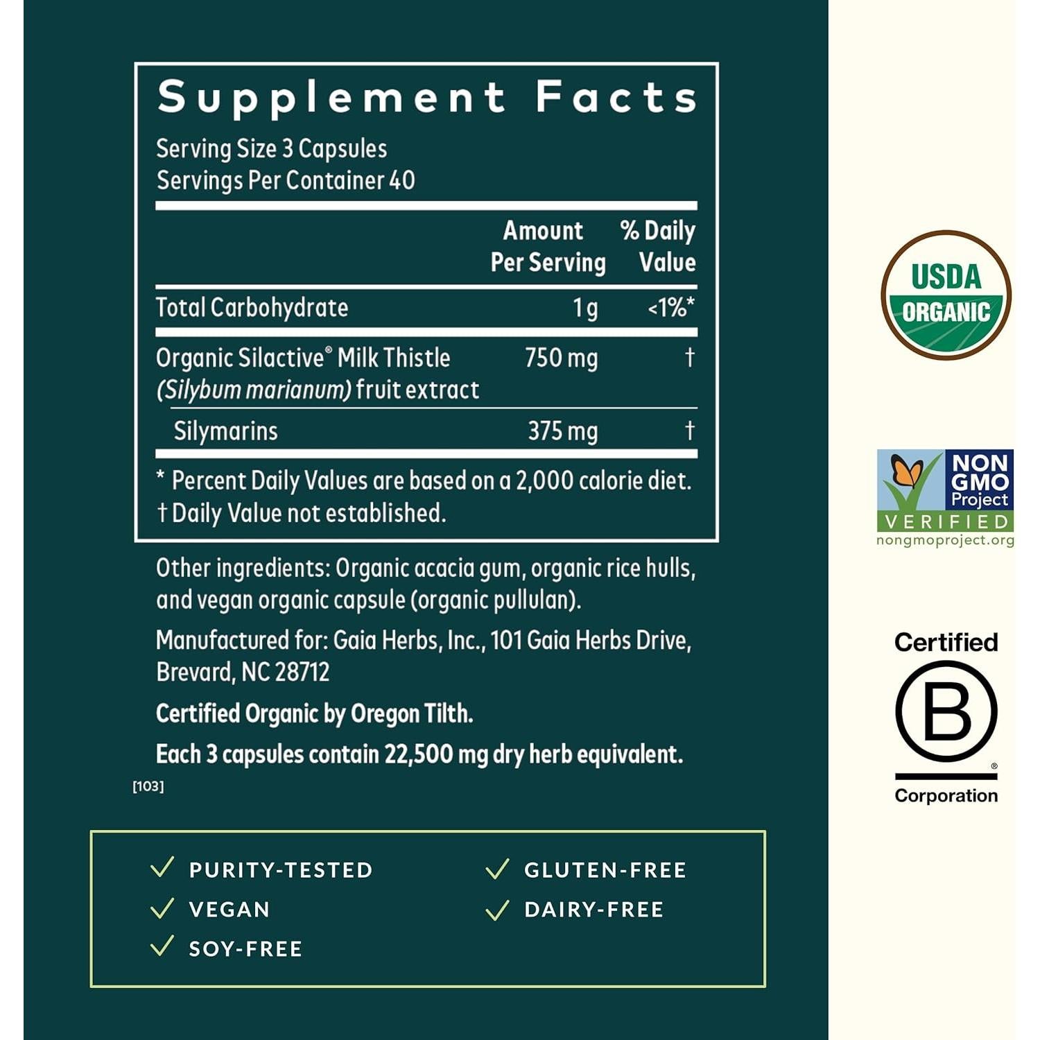 Suplemento Hepático Gaia Herbs Cardo Mariano 120 Cápsulas Veganas