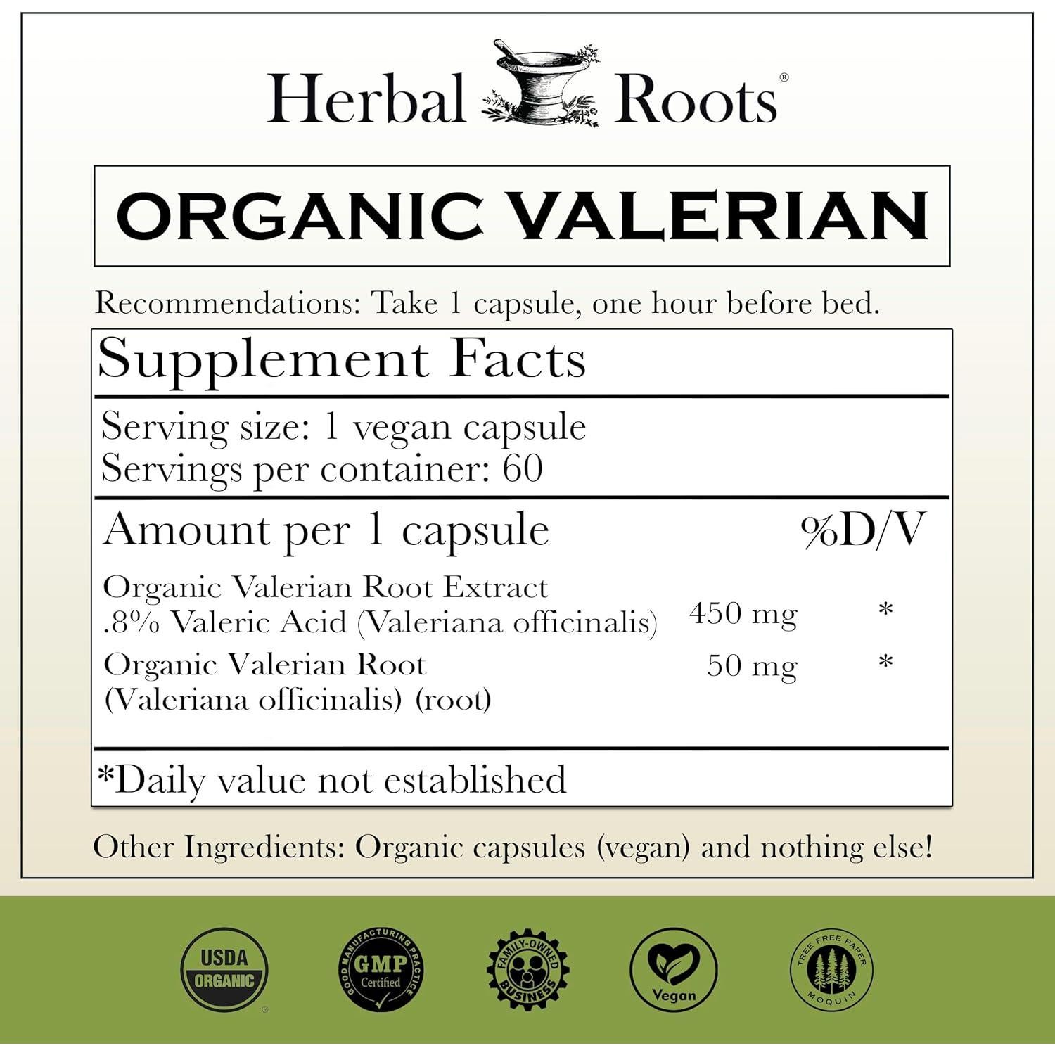 Cápsulas de raíz de valeriana orgánica Herbal Roots 900 mg - 60 unidades