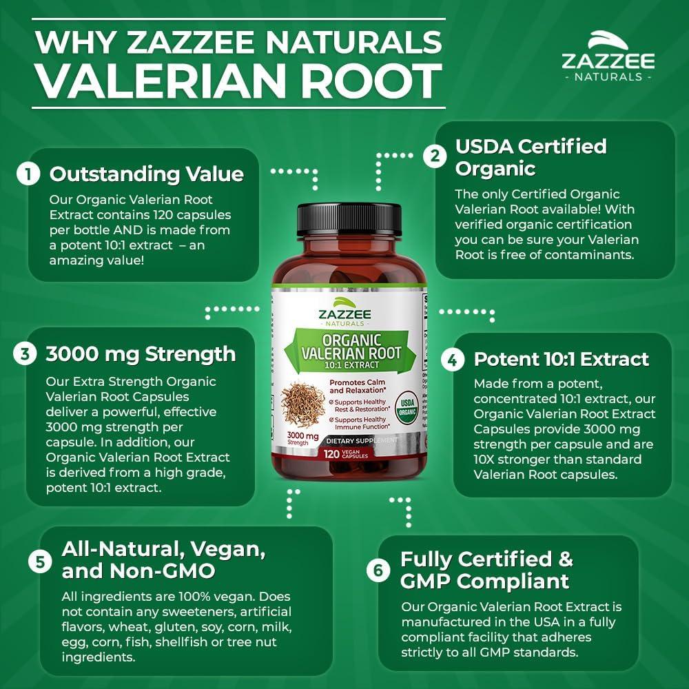 Cápsulas de Raíz de Valeriana Orgánica Zazzee 3000 mg 120 Unidades