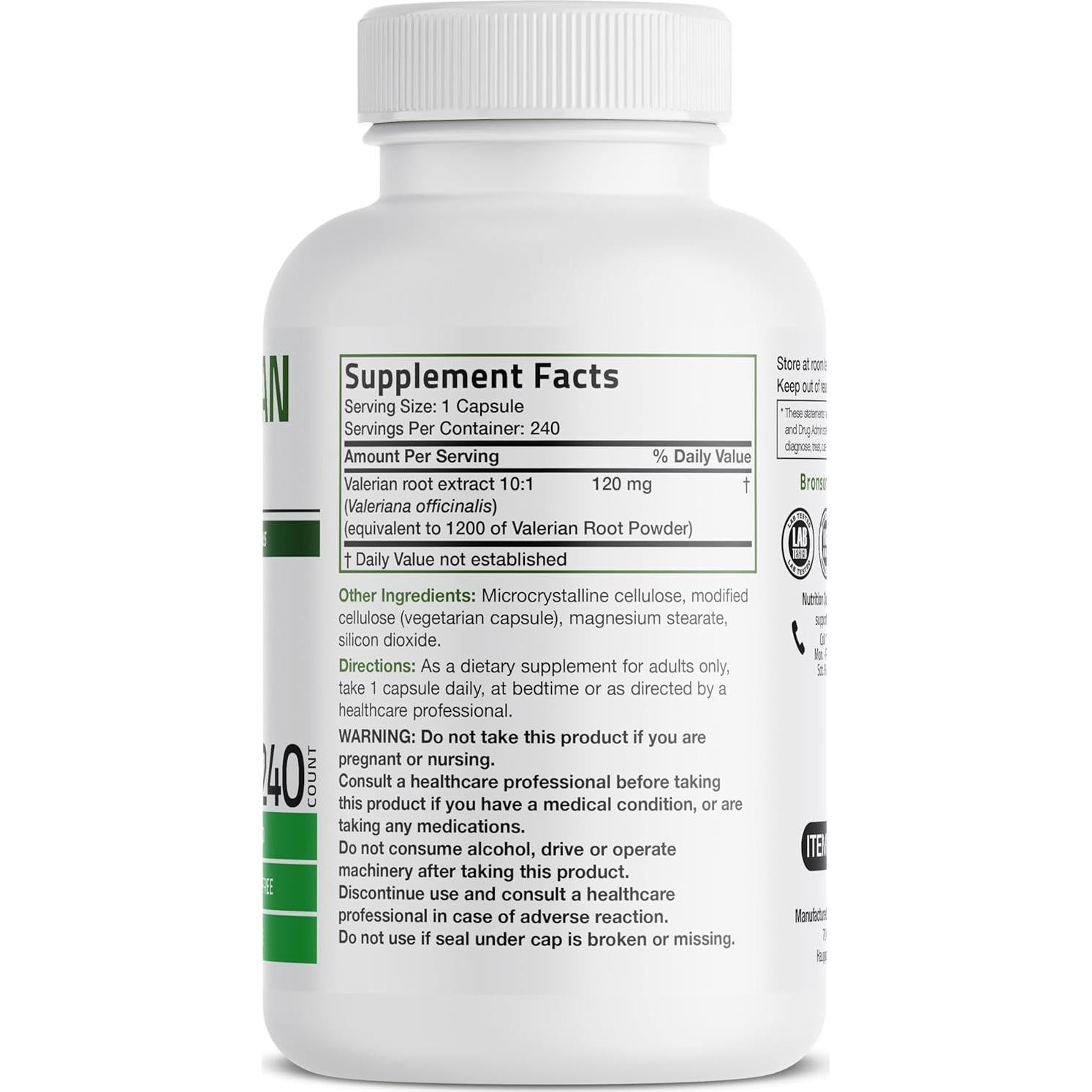 Cápsulas de Raíz de Valeriana Bronson 240 Veganas 1200mg