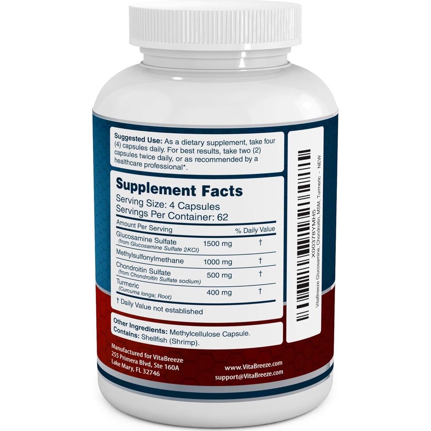 Suplemento de Glucosamina, Condroitina, MSM y Cúrcuma VitaBreeze - 248 Cápsulas