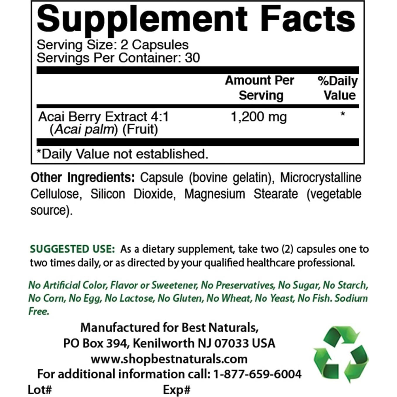 Baya de Acai 600 mg Mejores Naturales 120 Cápsulas