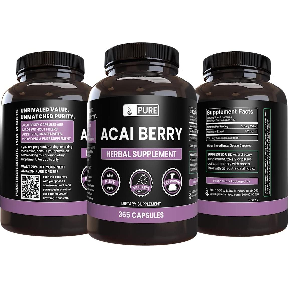 Cápsulas de Baya de Acai 365 Unidades - Ingredientes Orgánicos Puros