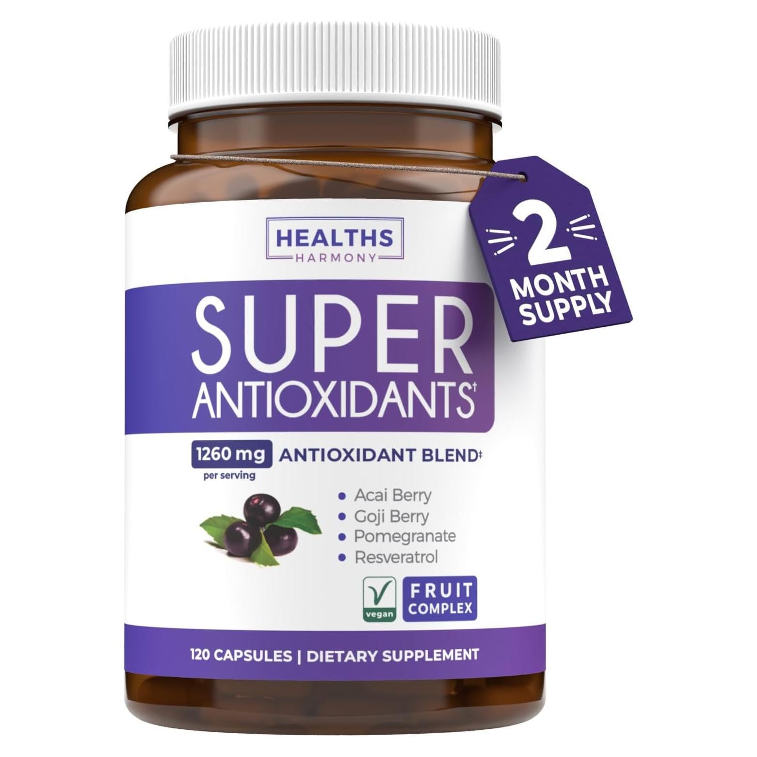 Suplemento Antioxidante Healths Harmony 120 Cápsulas - Baya de Acai, Goji, Granada