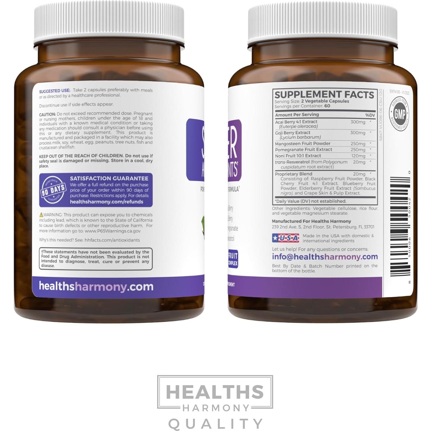 Suplemento Antioxidante Healths Harmony 120 Cápsulas - Baya de Acai, Goji, Granada