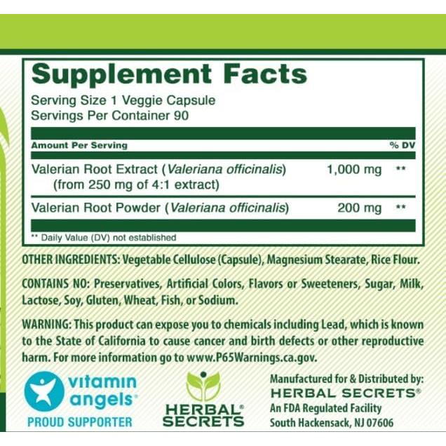 Suplemento de Valeriana Secretos Herbales 1200 Mg 90 Cápsulas