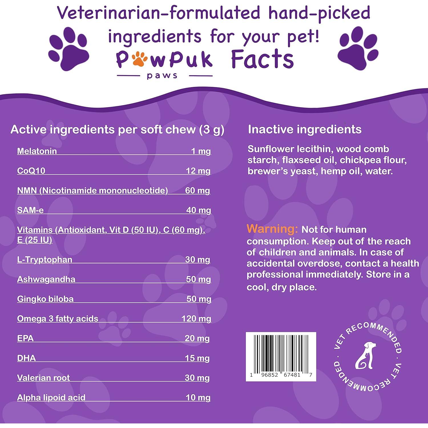 Suplemento Calmante y Cognición para Perros PawPuk - Melatonina, SAM-e, Ashwagandha