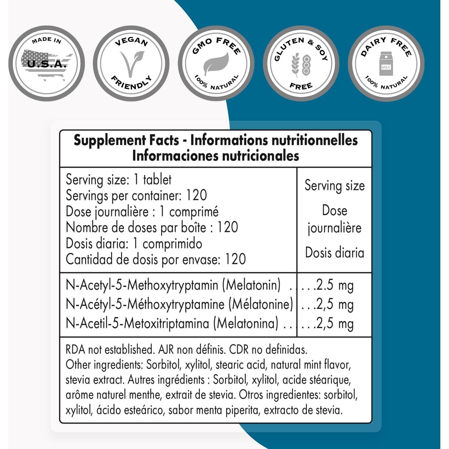 Melatonina Sublingual 2.5mg Supersmart - Sabor Menta Natural - 60 Tabletas