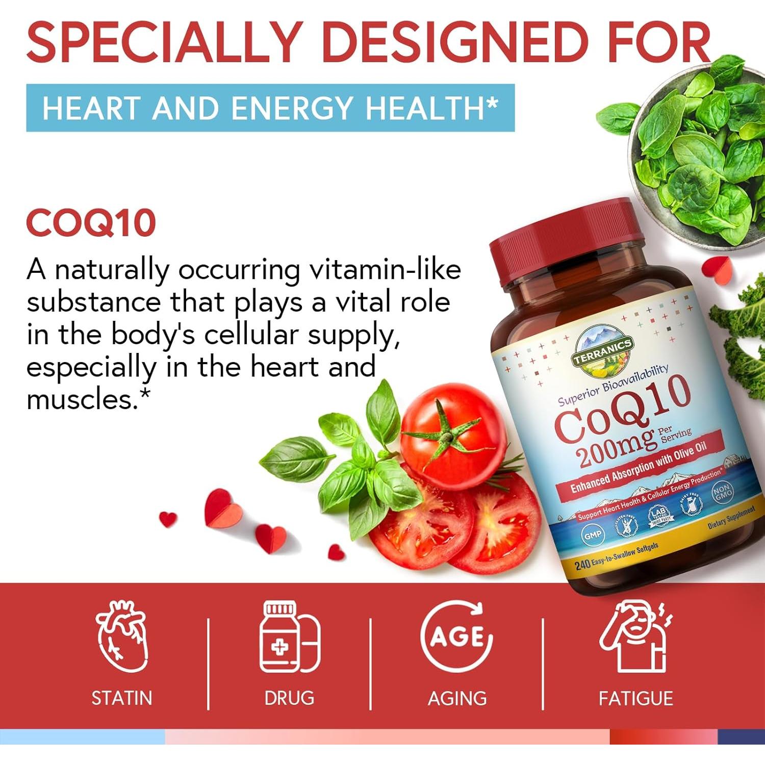 Suplemento CoQ10 200mg Terranics con Aceite de Oliva 240 Softgels