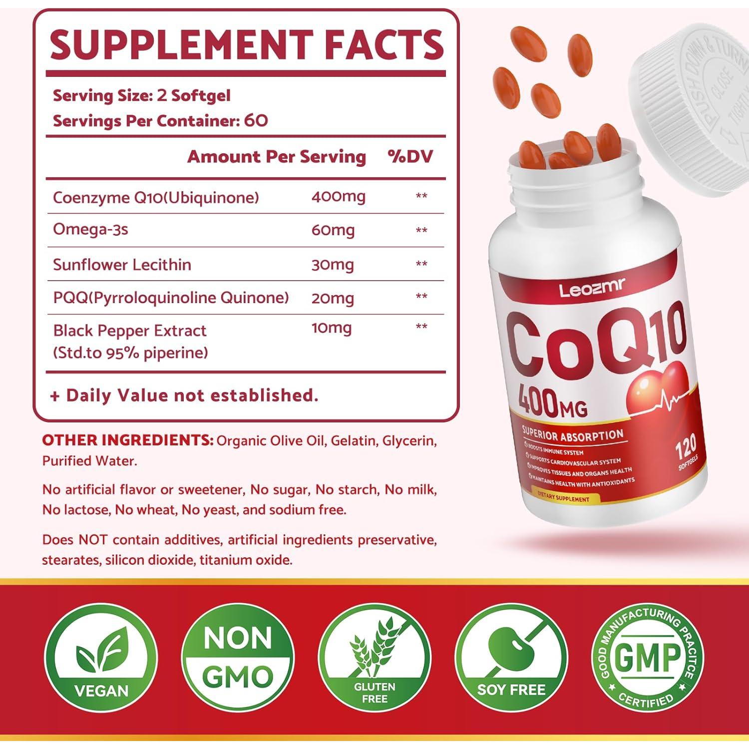 Suplemento CoQ10 400mg Leozmr con PQQ y Omega-3 120 Cápsulas