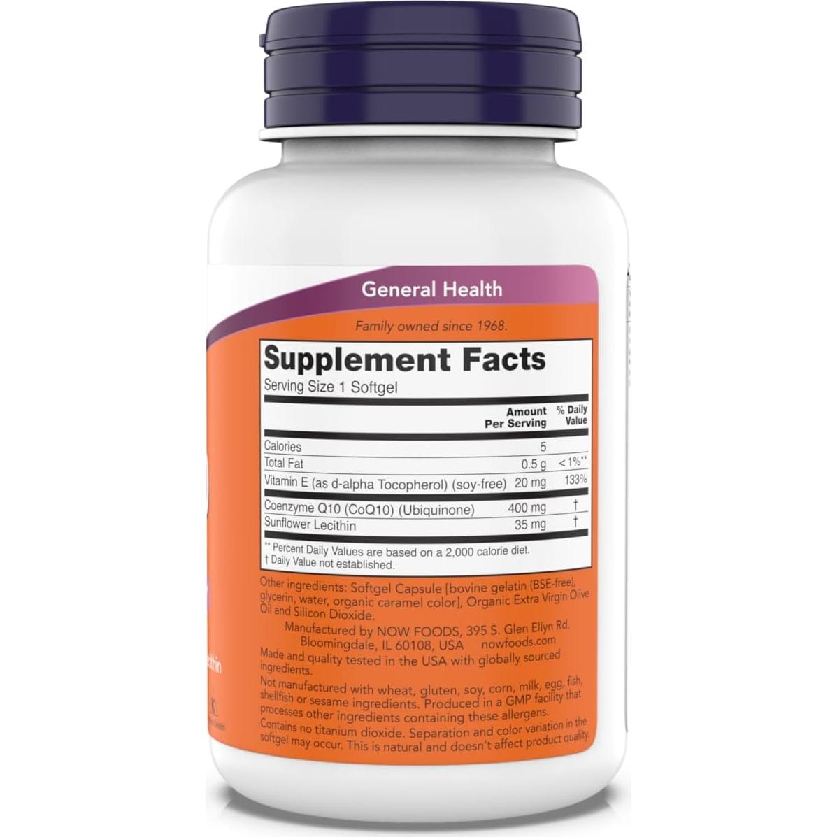 Suplemento CoQ10 400 mg NOW Foods - Grado Farmacéutico, 90 Gelatinas