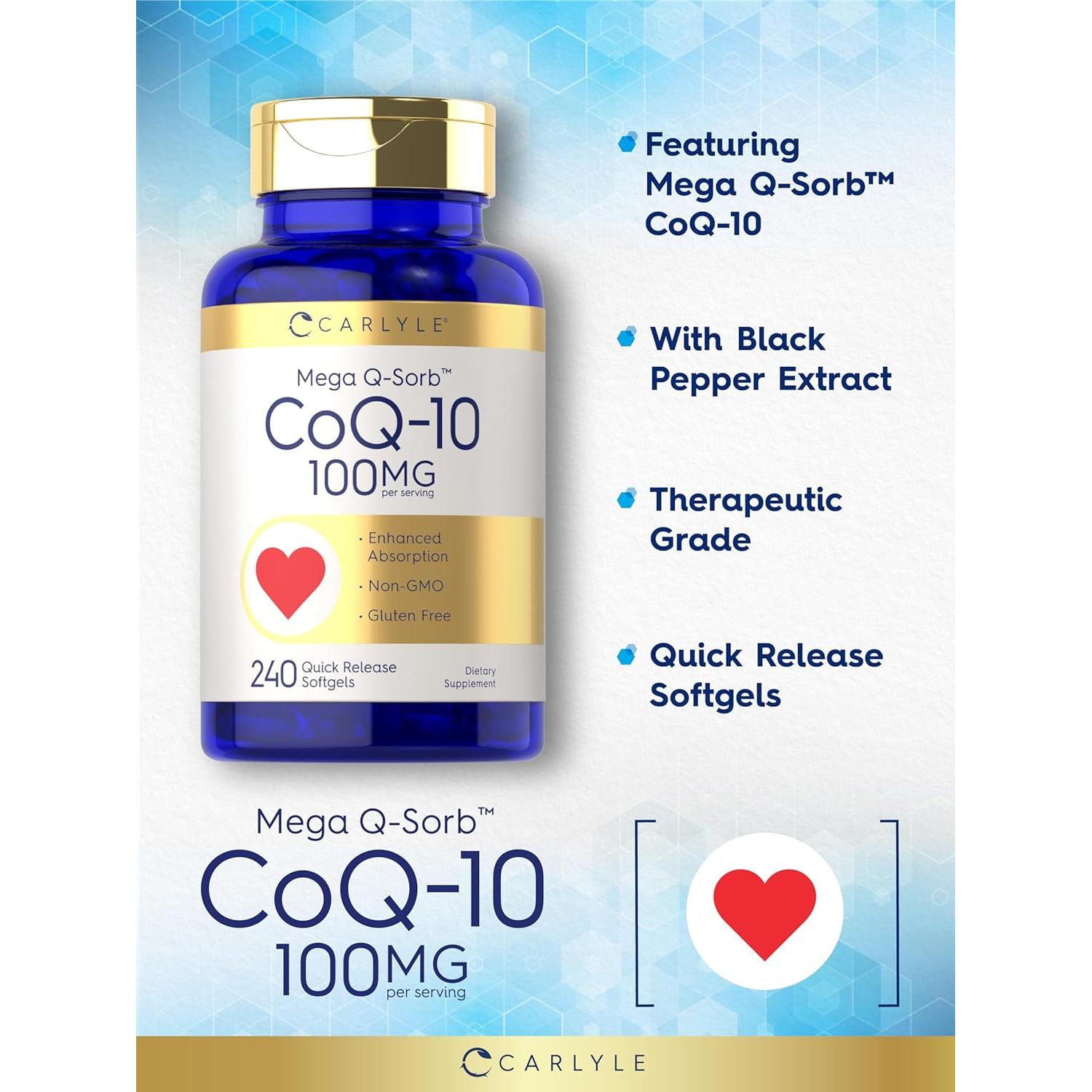 Carlyle CoQ10 100mg Mega Q-Sorb 240 Softgels Antioxidante