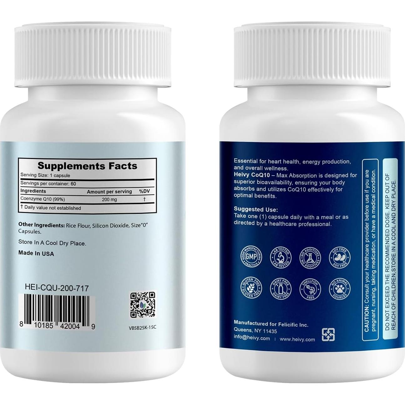 Coenzima Q10 200mg Heivy 60 Cápsulas Veganas Antioxidantes