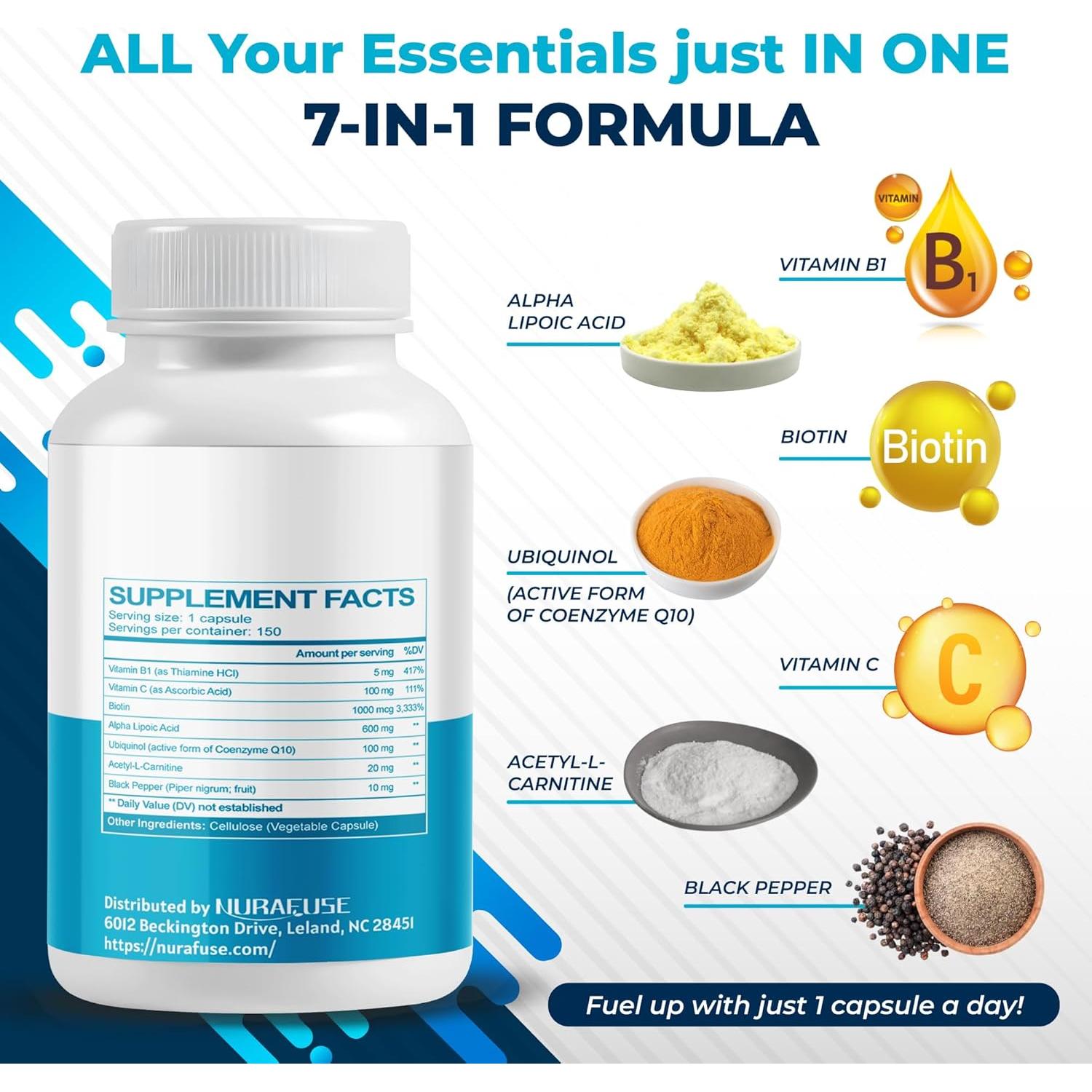 Suplemento Ácido Lipoico NuraFuse 150 Cápsulas - Salud Celular y Cerebral