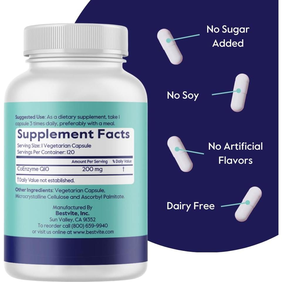 Suplemento CoQ10 200mg Bestvite - 120 Cápsulas Veganas