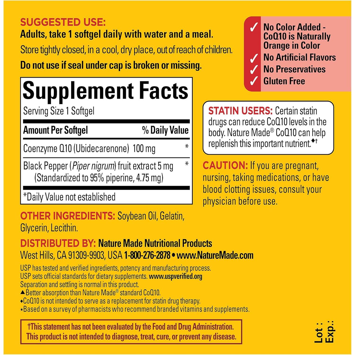 Nature Made CoQ10 100mg con Pimienta Negra - 30 Gelatinas Blandas