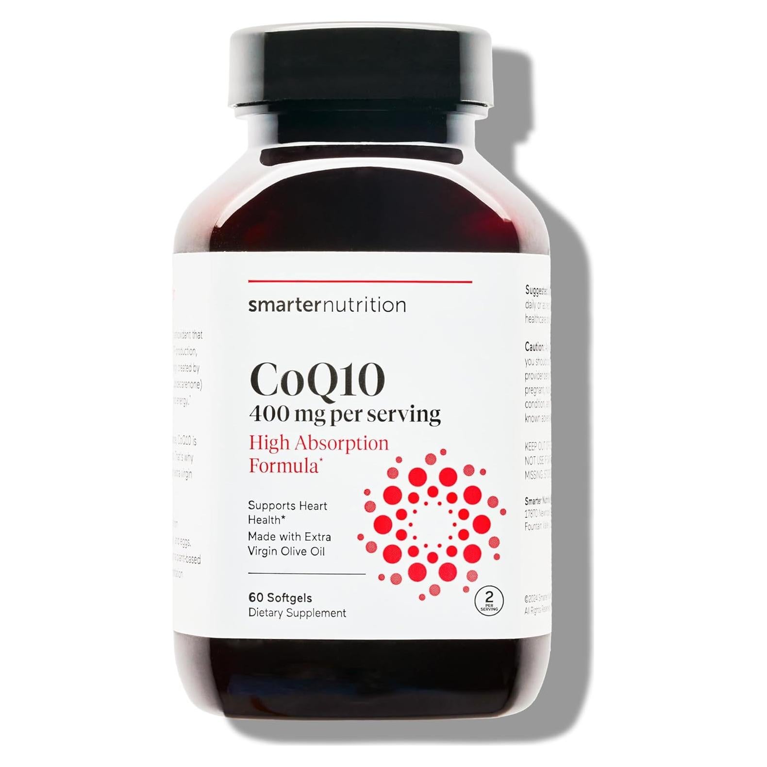 Suplemento CoQ10 400 mg Smarter Nutrition - Ubiquinona con Aceite de Oliva Orgánico - 60 Cápsulas Blandas