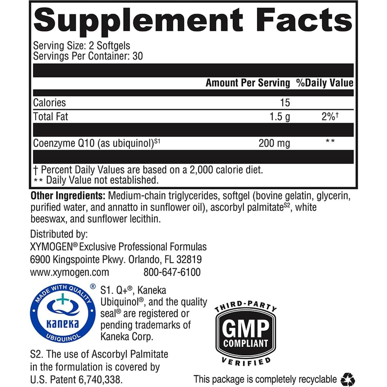 Suplemento Antioxidante CoQ10 Ubiquinol XYMOGEN 200mg 60 Gelatinas