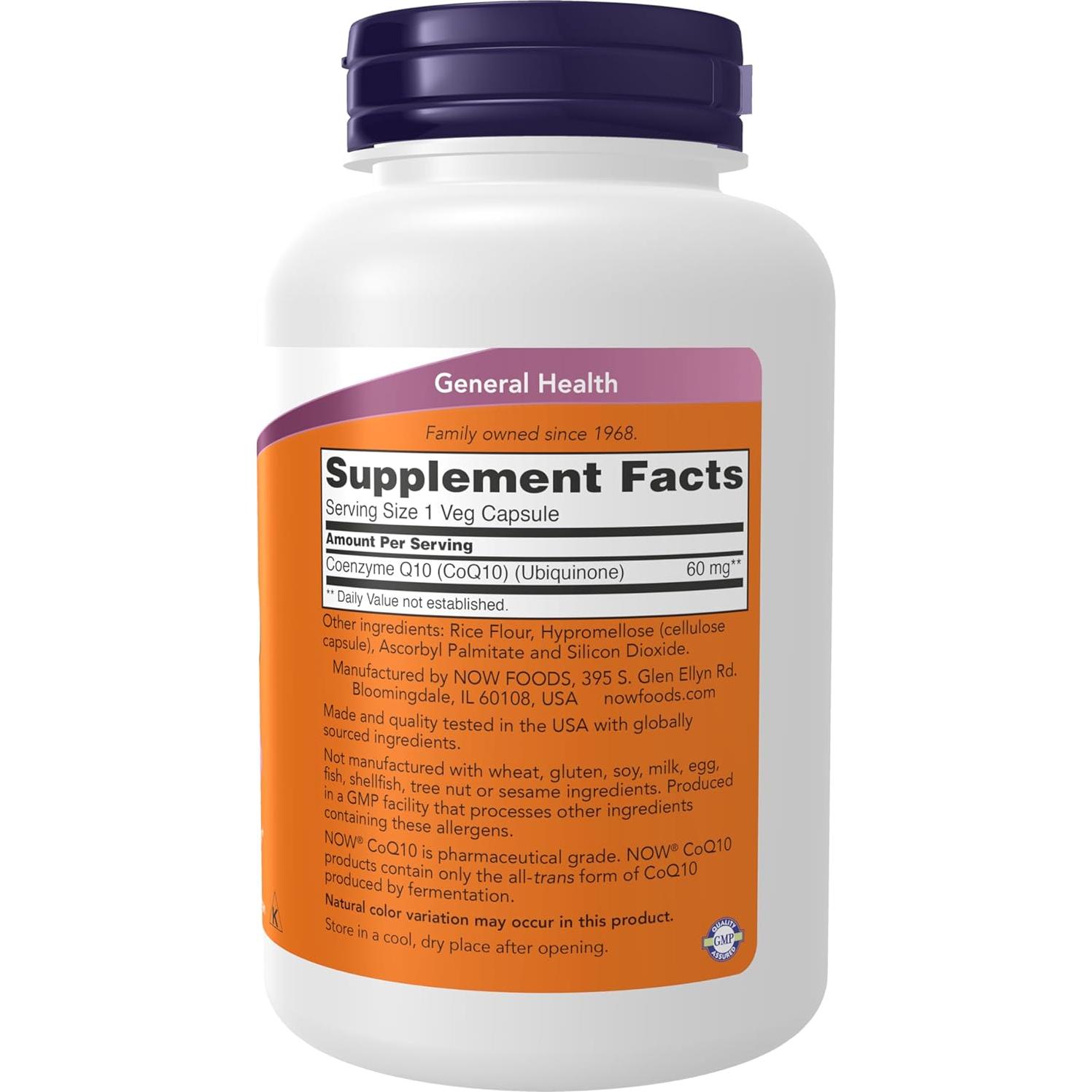 NOW Foods CoQ10 60 mg Grado Farmacéutico 180 Cápsulas Veganas