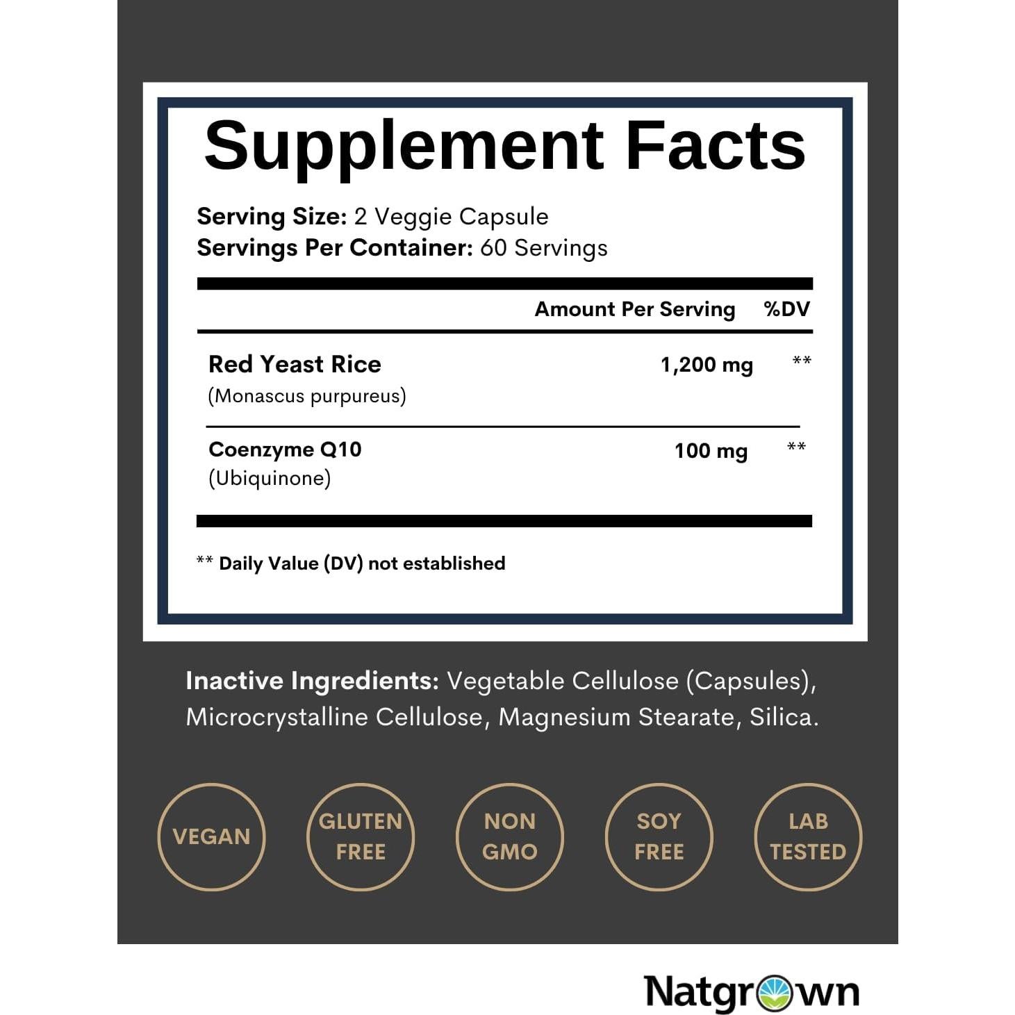 Suplemento Vegano Arroz de Levadura Roja Natgrown 1200 mg + CoQ10 100 mg