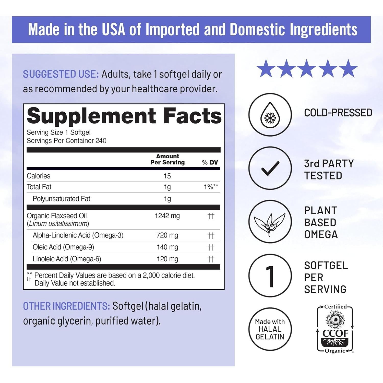 NatureWise Aceite de Semilla de Lino 1200 mg Omega 3 6 9 240 Cápsulas