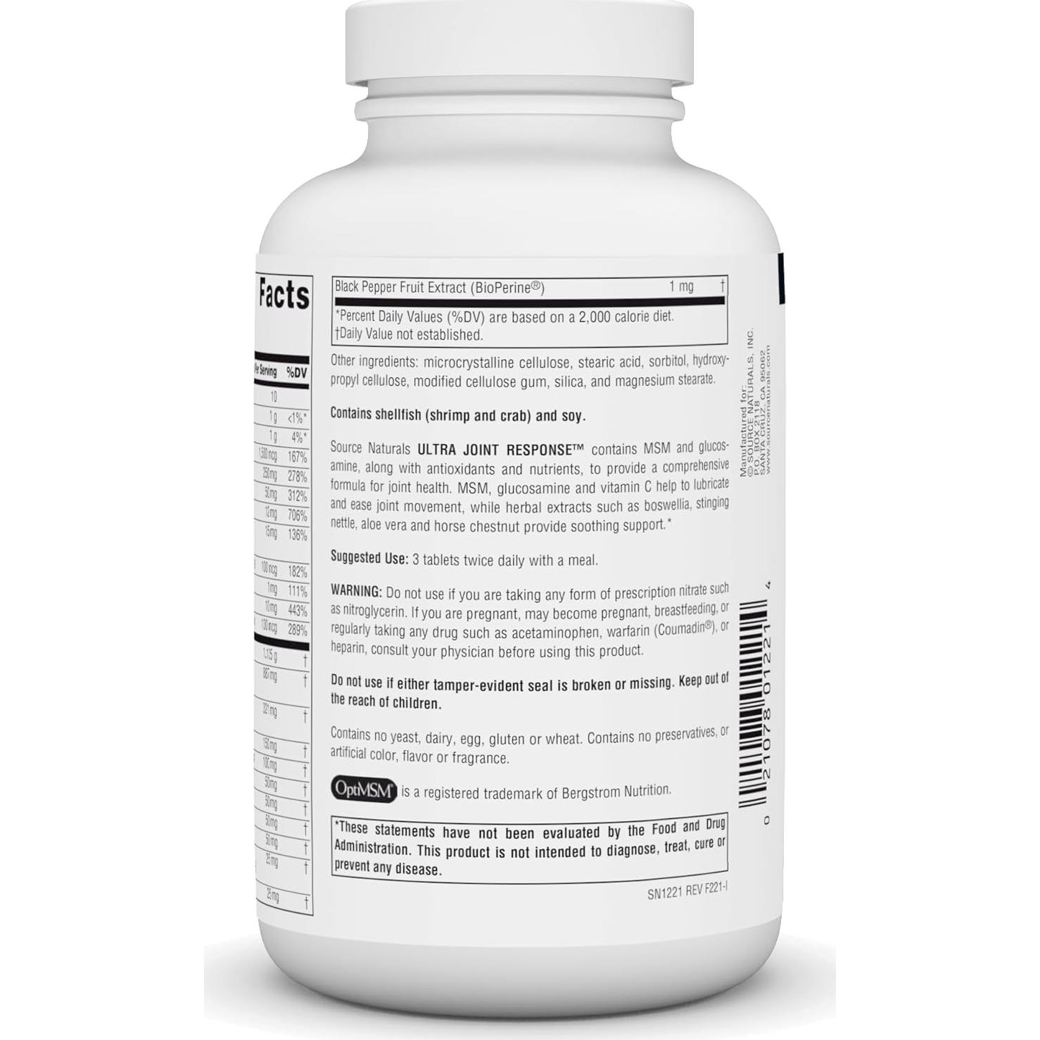 Suplemento Articular Source Naturals Ultra Joint Response 180 Tabletas