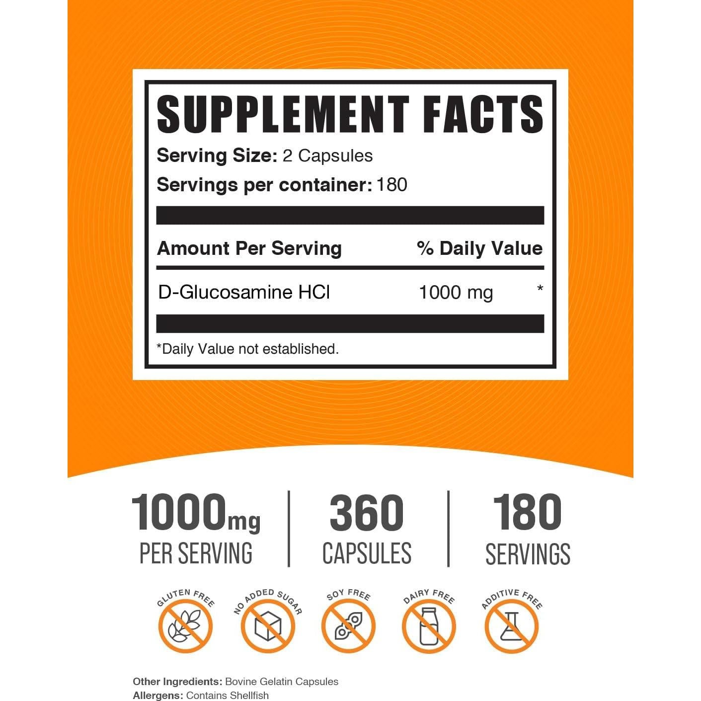 Cápsulas de Glucosamina HCl BulkSupplements 1000mg 360 Unidades