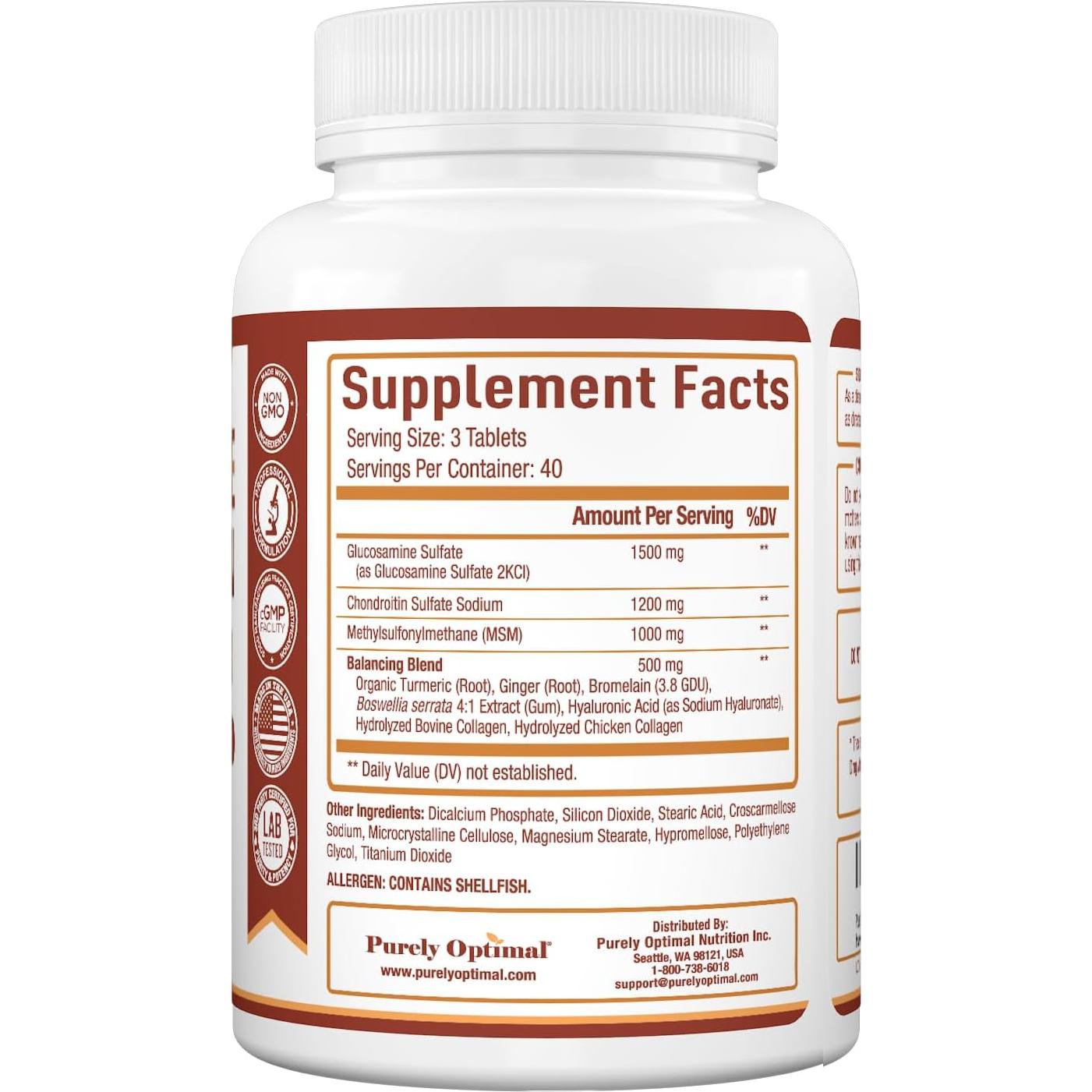 Suplemento de Glucosamina Condroitina MSM Purely Optimal 120 Tabletas