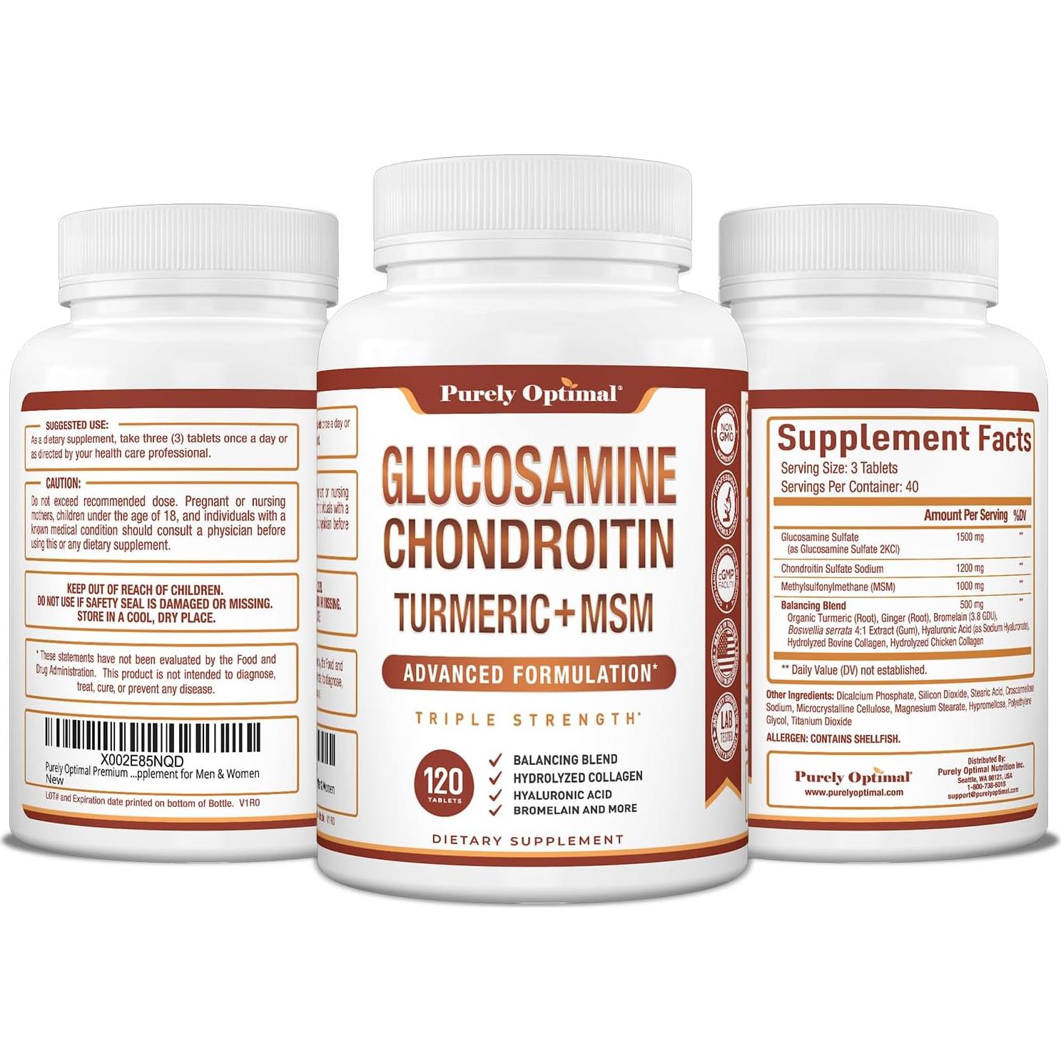 Suplemento de Glucosamina Condroitina MSM Purely Optimal 120 Tabletas