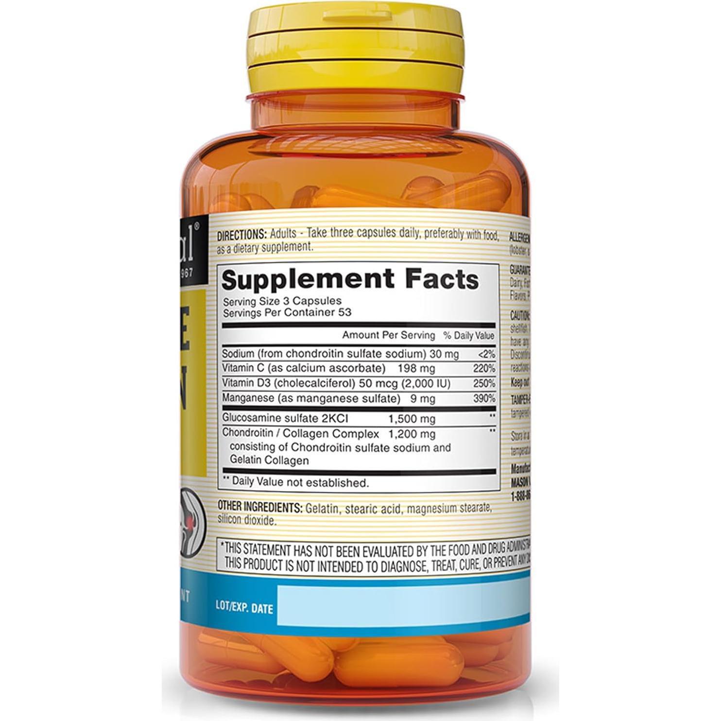 Mason Natural Glucosamina Condroitina con Vitamina D3 160 Cápsulas