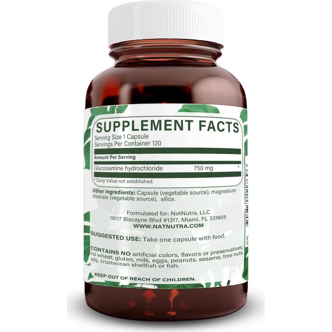 Suplemento de Glucosamina Clorhidrato Natural Nutra 750mg 120 Cápsulas Vegano