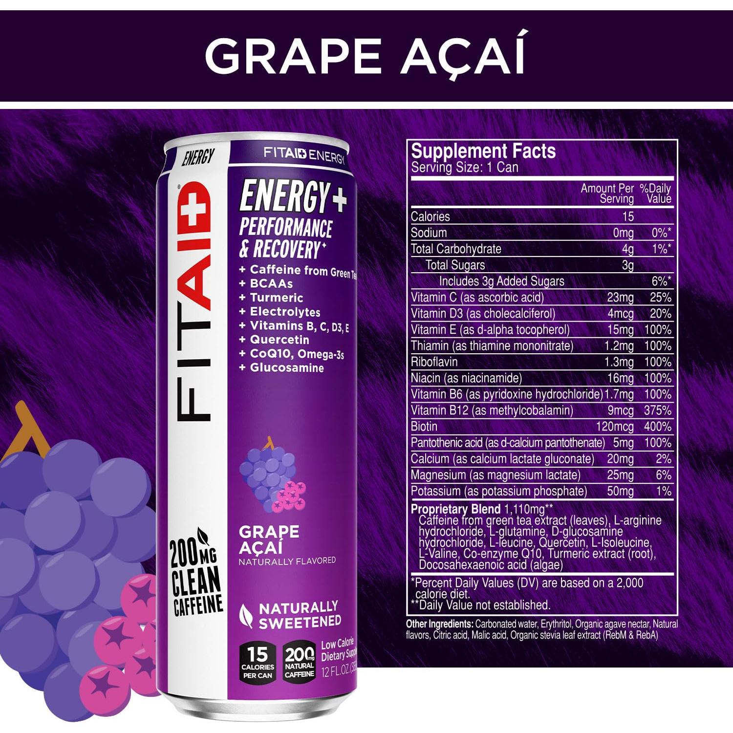Bebida Energética FITAID Uva Açaí 200mg Cafeína 355ml x24