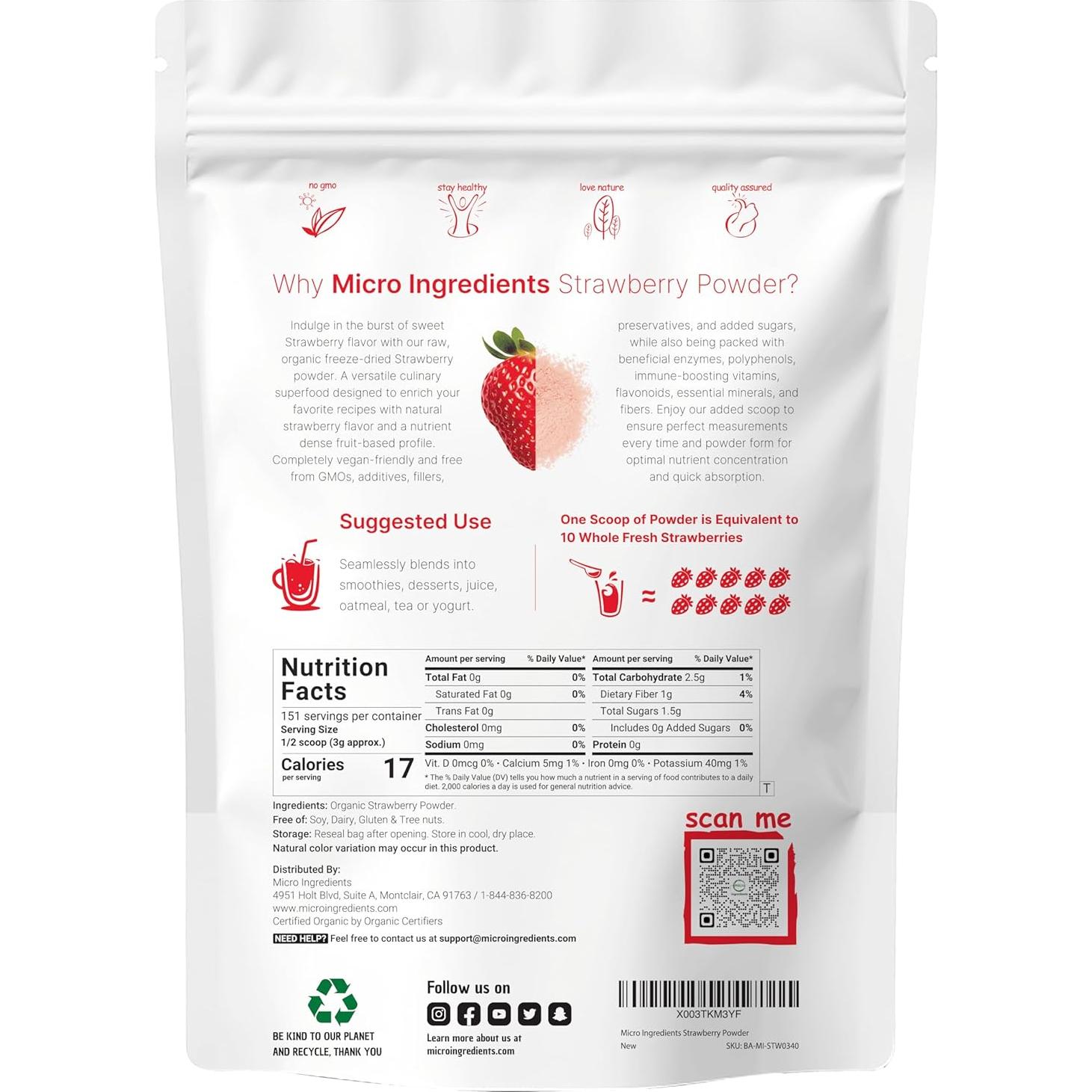 Polvo de Fresa Orgánica Micro Ingredients 0.45 kg Sin Azúcar