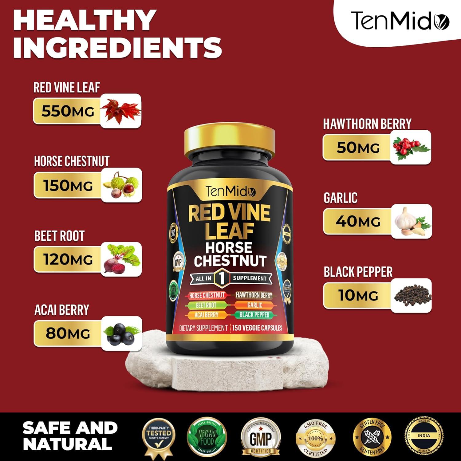 Suplemento de Hoja de Vid Roja Tenmido - 150 Cápsulas Veganas