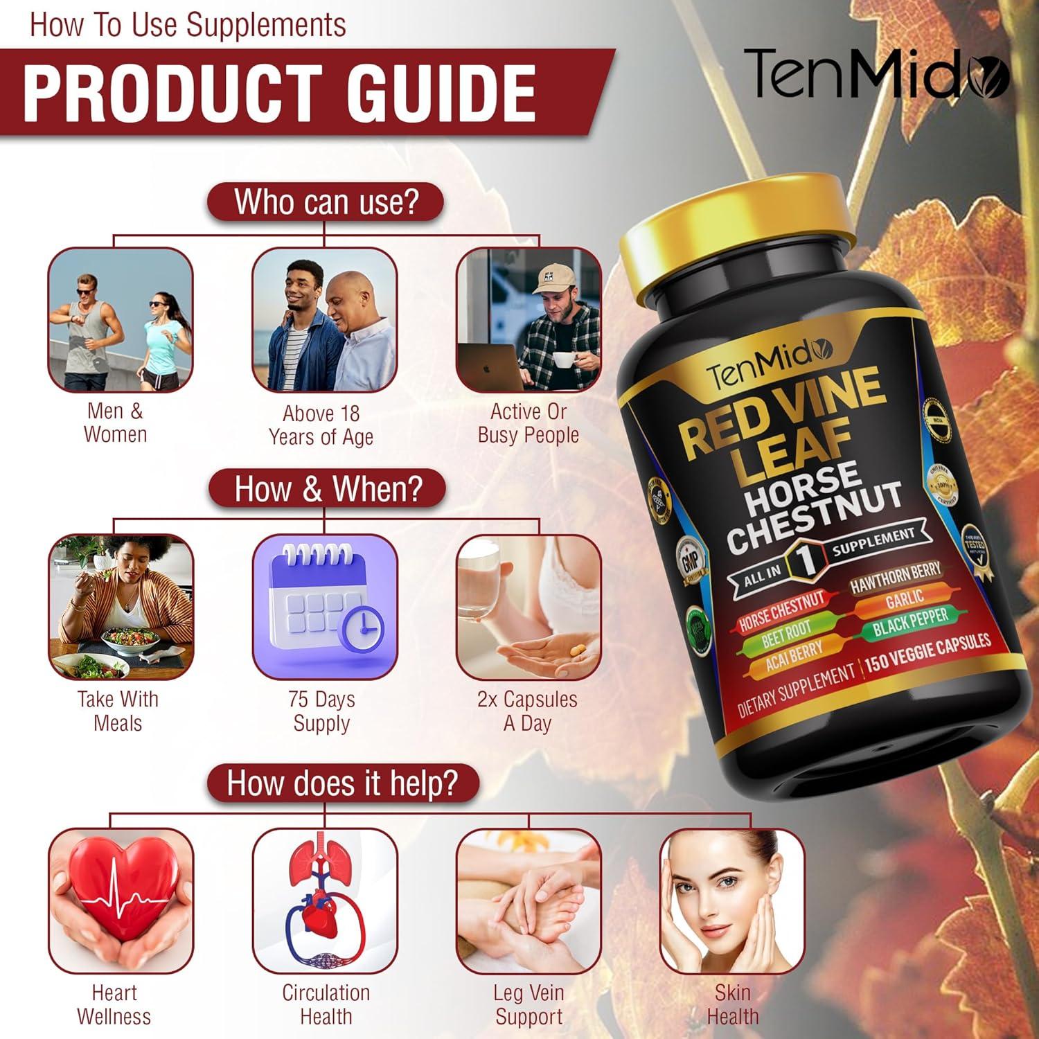 Suplemento de Hoja de Vid Roja Tenmido - 150 Cápsulas Veganas