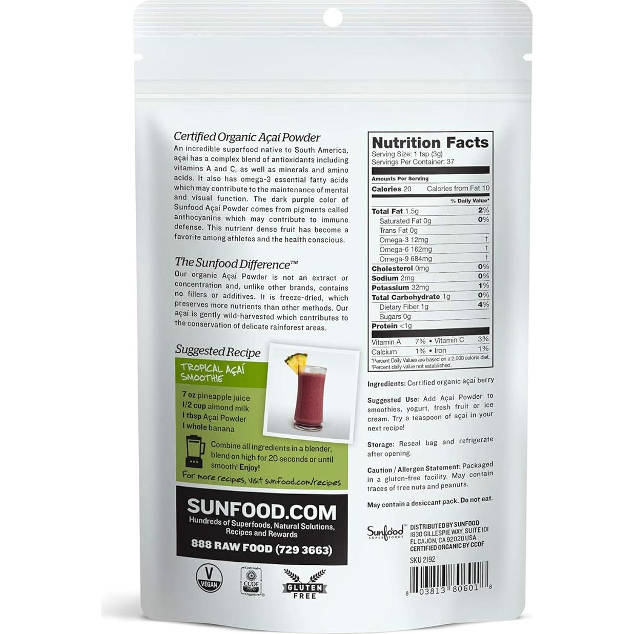 Polvo de Acai Orgánico Sunfood 113.4 g - Antioxidante Natural